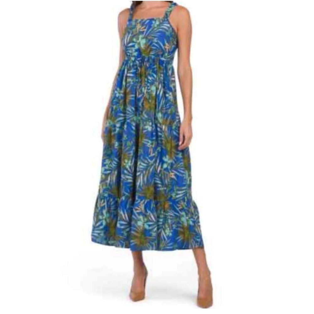 BOG Collective Tropical Floral Tiered Maxi Dress Womens M Blue Green Boho Resort